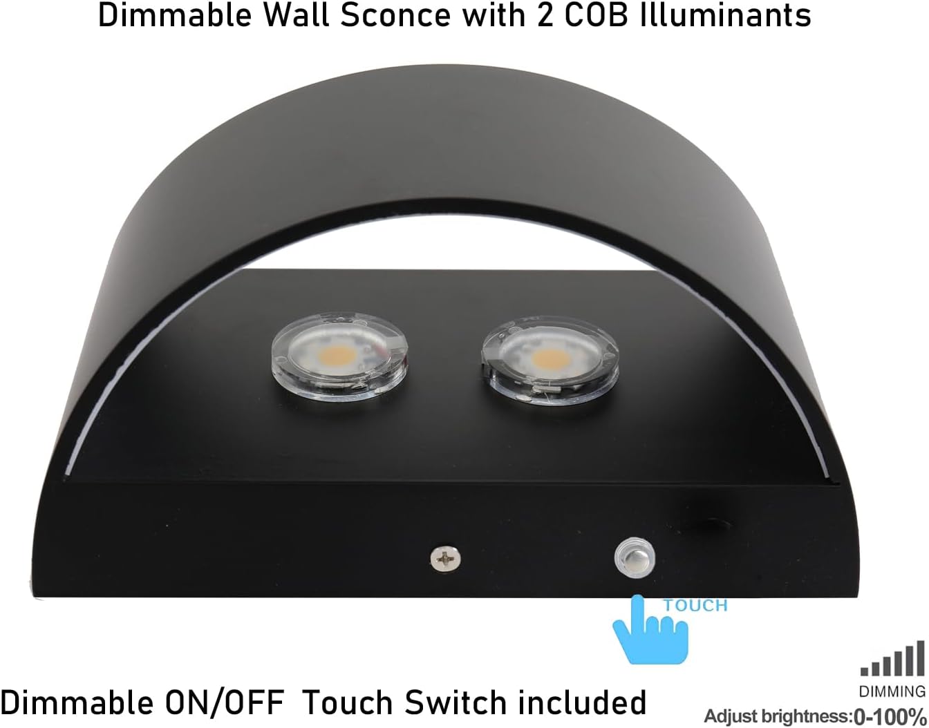 Indoor Dimmable Wall Sconces with Dimmable Switch, Modern LED Sconces Wall Lighting 16W Wall Light Fixtures Aluminum Up and Down Wall Lights (Black with Touch dimming, 6000K)