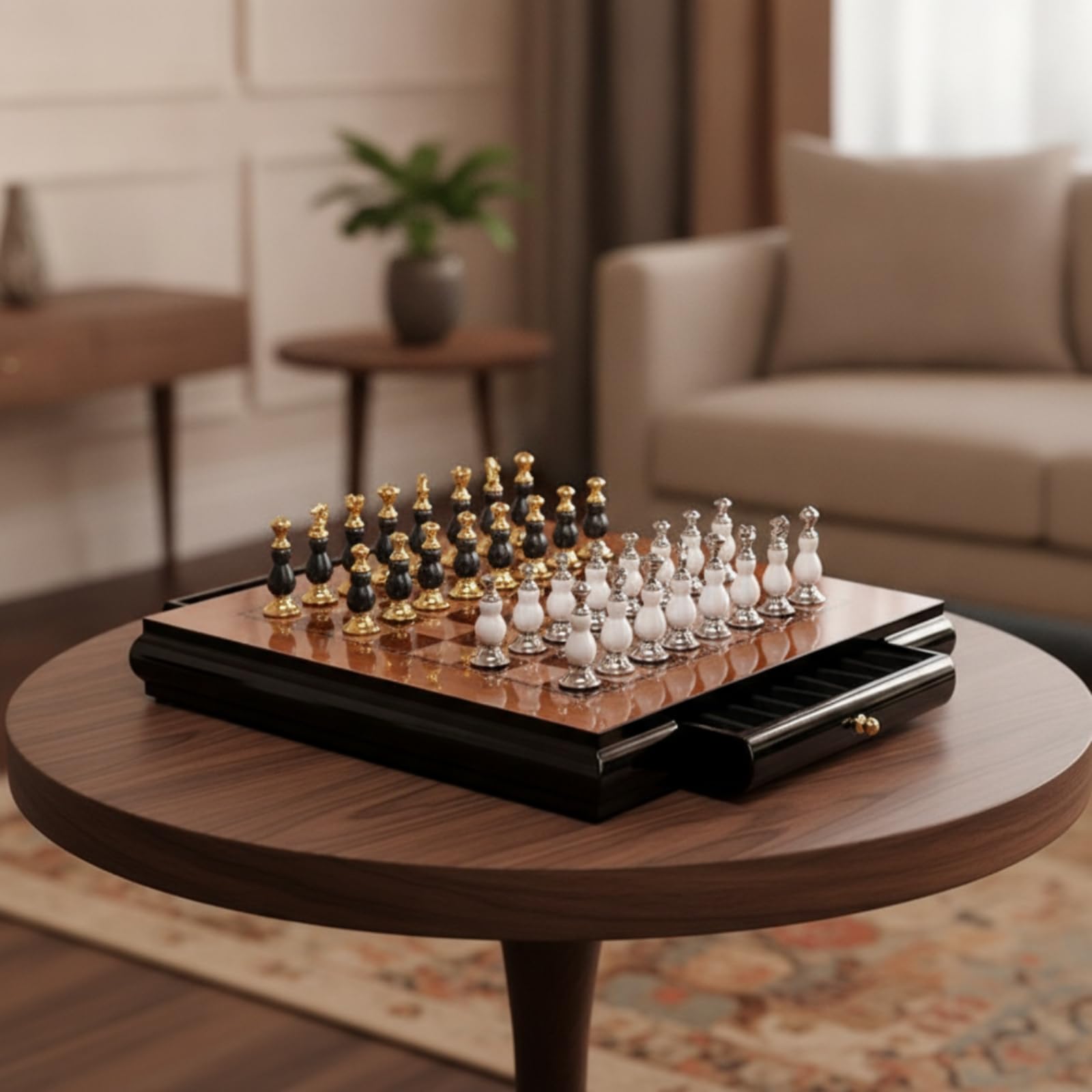 Ajedrez Tablero Juego con Tablero de Madera Juego de Piezas Cajones Superficie Reluciente y Estilo Sofisticado Adecuado para Amigos Hogar Oficina, 40 40 6CM, Borde Recto 7kg