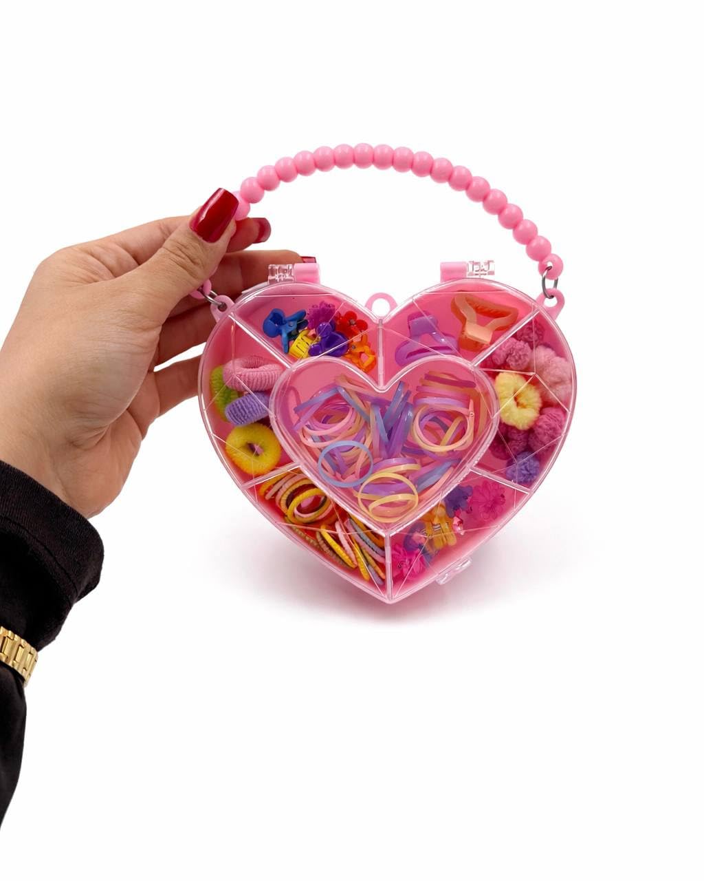 Kız Çocukları için Kalp Şeklinde Saç Aksesuarları Seti, Renkli Lastikler, Tokalar ve Klipsler, Pembe Organizer Kutu