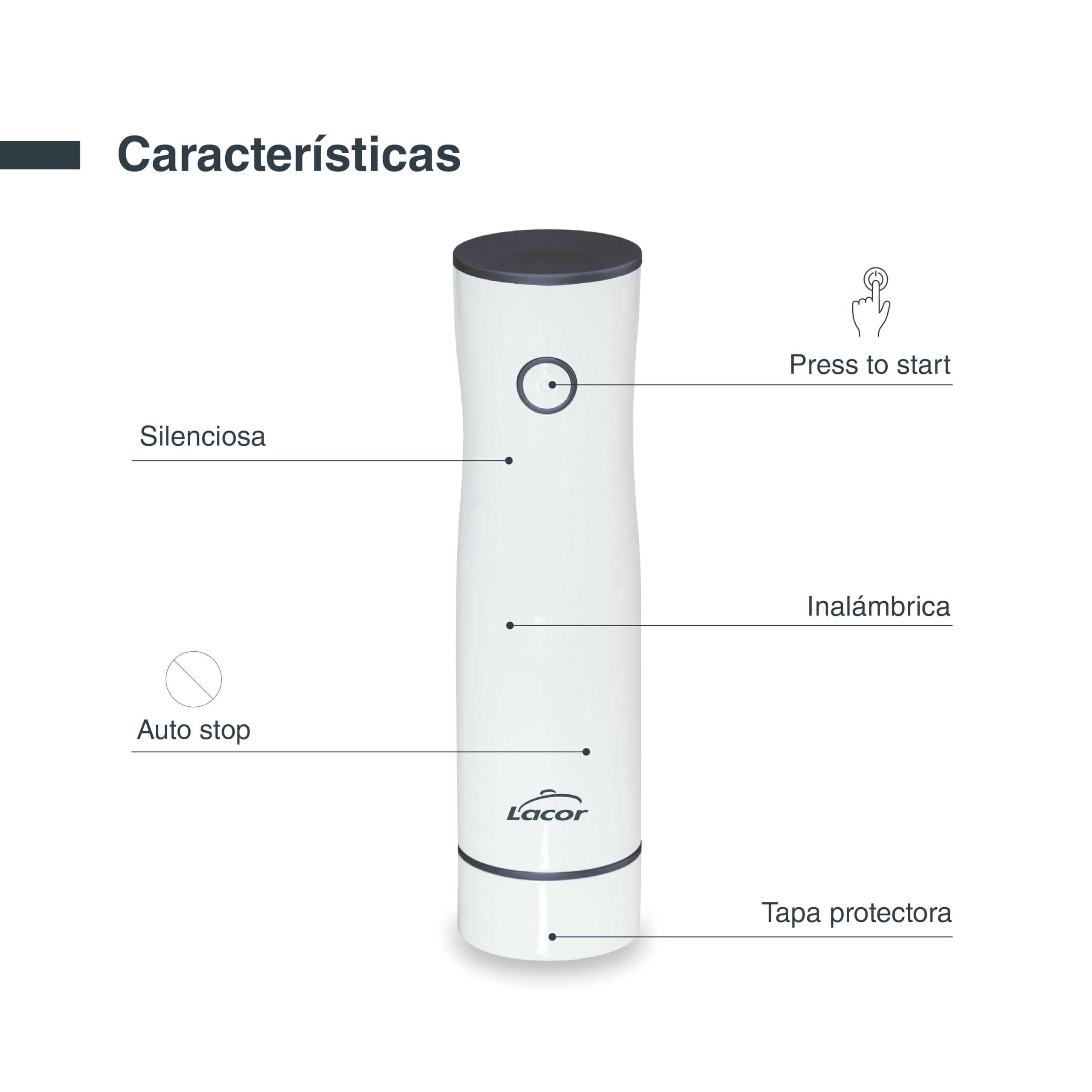 Lacor - 69690 - Bomba de Vacío Smart, Inalámbrica, Automática, Silenciosa, Succión 2.5L/min, Incluye Cable de Carga USB, Batería de Litio, Diseño Elegante y Moderno