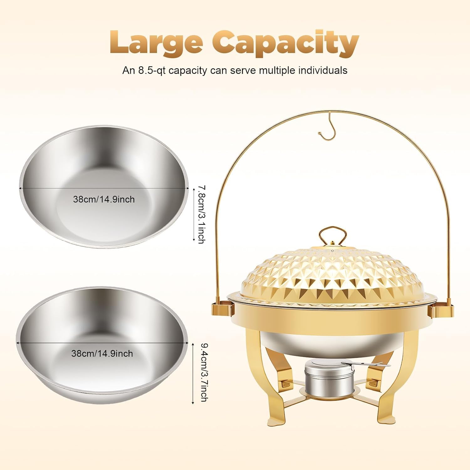 Juego de Calentador de Alimentos Redondo de Acero Inoxidable con Tapa, Estructura de trípode y Soporte para Combustible para Catering, Fiestas y Bodas. (D,8L/8.5Qt)