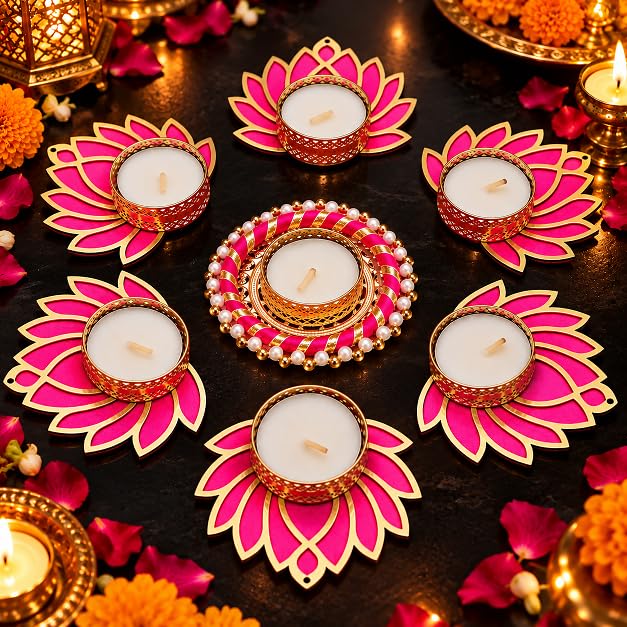 Handmade 7 Pc Pink Lotus Chudi Diya Rangoli Candles With Wax For ...