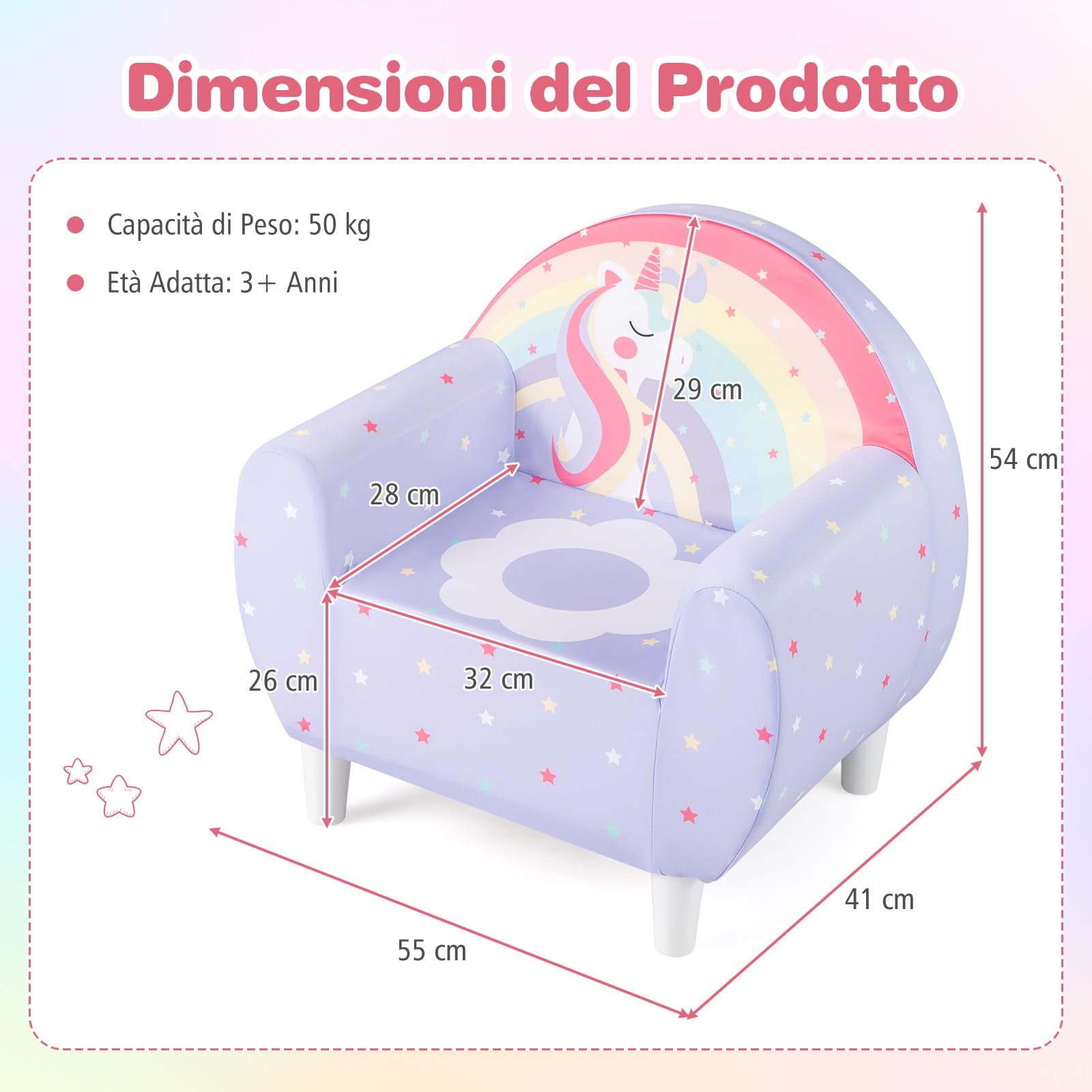 COSTWAY Divano per Bambini a Forma di Unicorno 55 x 40 x 55cm, Poltrona Imbottita con Tessuto Elastico Traspirante e Riempimento in Spugna, Mobile Moderno per Cameretta (Lilla)