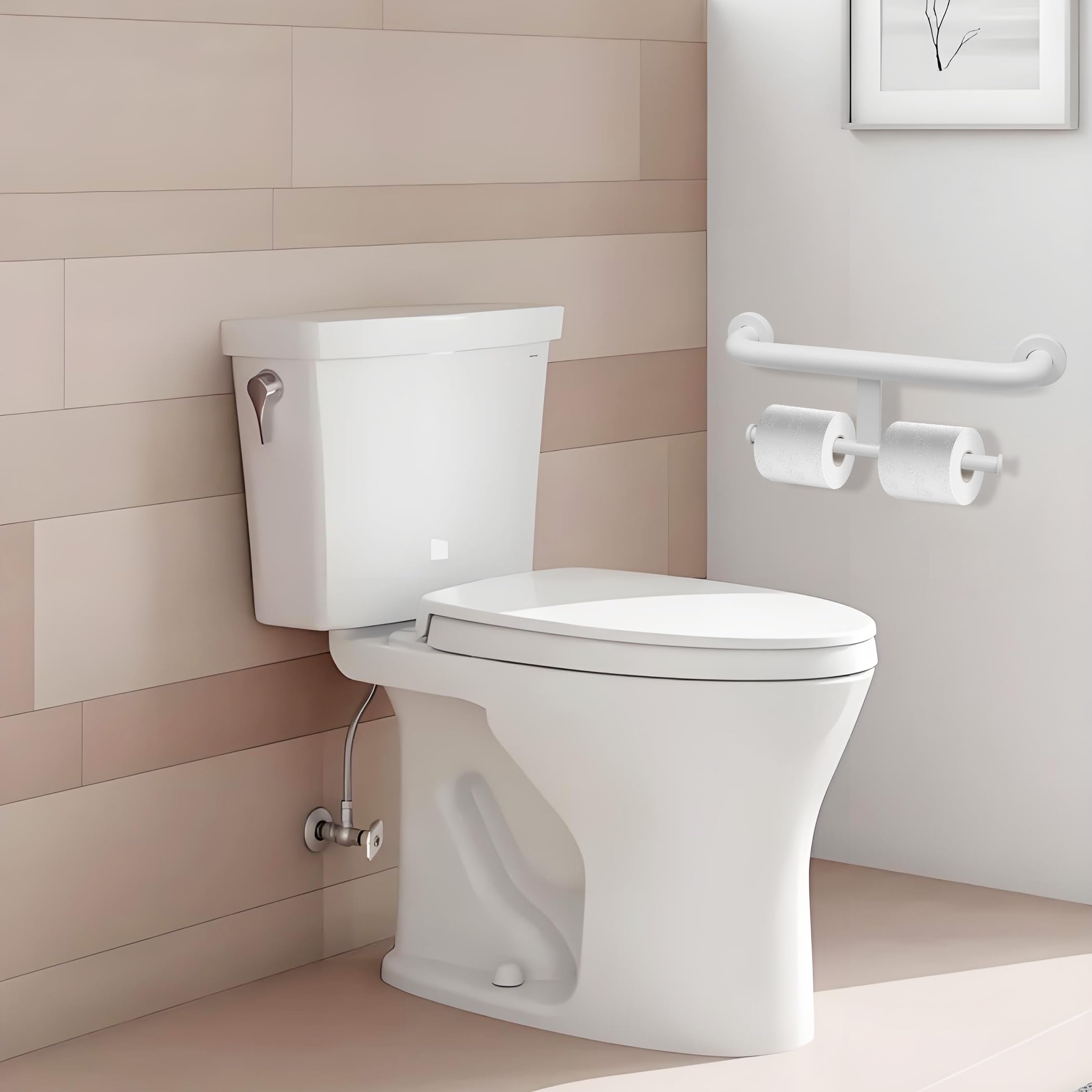 Maniglione per disabili con porta rotolo di carta igienica, maniglia di supporto di sicurezza 2 in 1, 40 cm, in acciaio inox bianco, montaggio a parete, per anziani e anziani