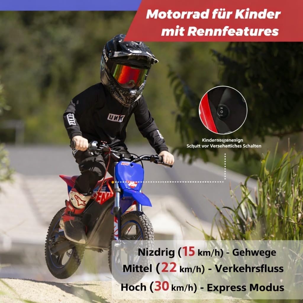 RFN E350 36V Kinder Elektro Dirt Bike, Elektro Motorrad mit 350W Motor | 11,2 Meilen Reichweite & 3 Geschwindigkeiten für Alter 4-8 Jahre