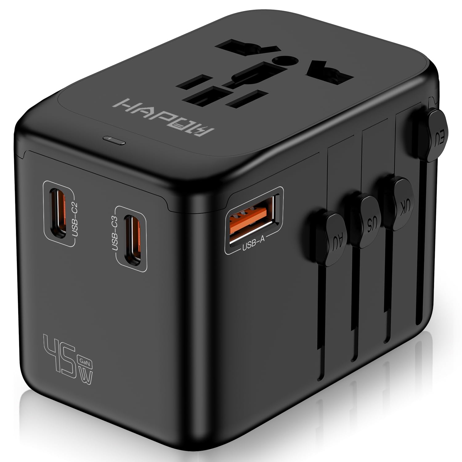 HAPOW Universal Travel Adapter, GaN 45W International Power Adapter, 3 USB-C & 1 USB-A Fast Charging Travel Charger, All in One Worldwide Travel Plug
