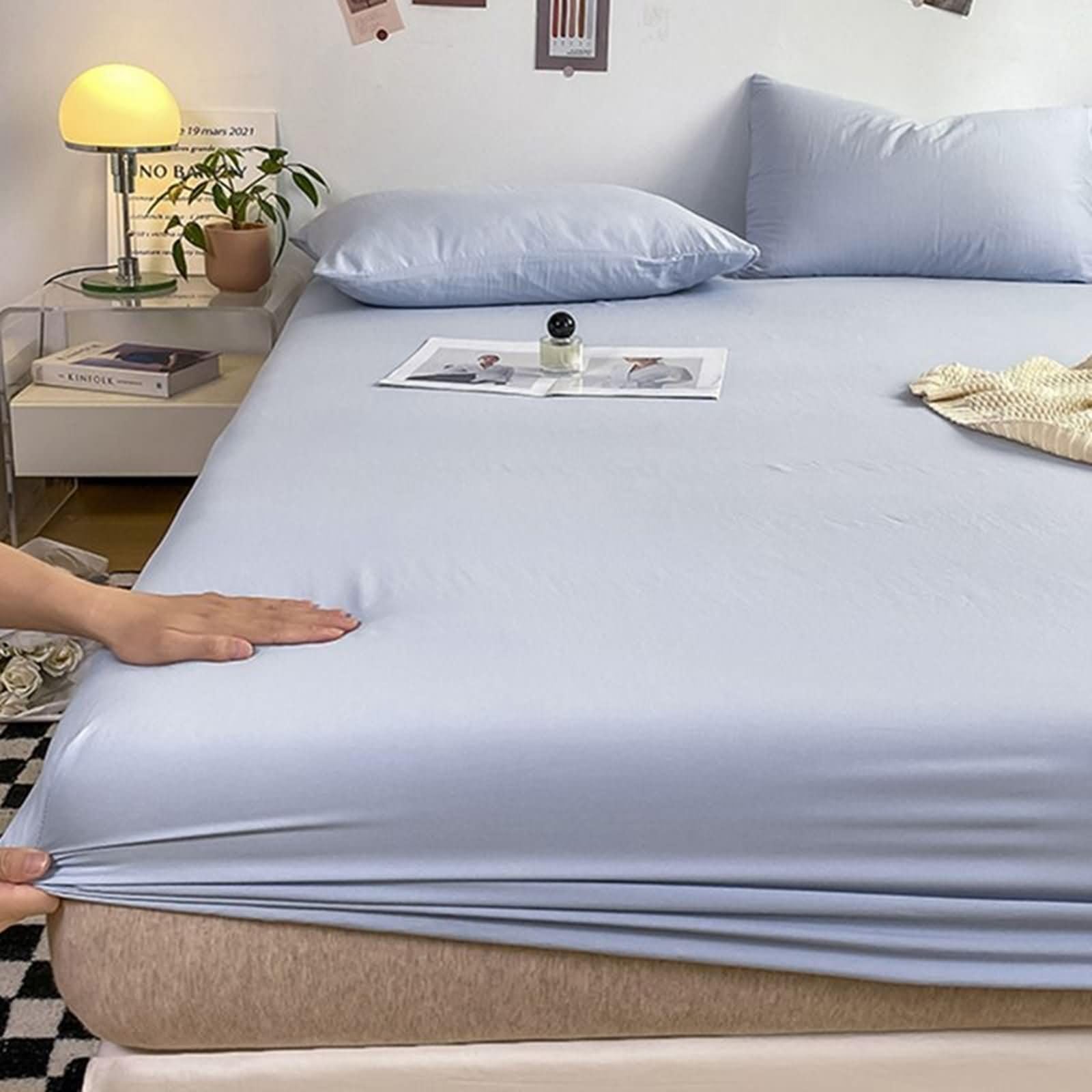 Musihy King Fitted Sheets Only, Bamboo Fiber Solid Color Bedding Fitted Sheet Soft & Breathable - Easy Care, Light Blue, Super King (180x220cm)