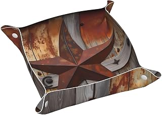Western Texas Star Leather Valet Tray for Men Women, Old Barn Wood Deasktop Tray for Home Decor Medium (9.8x9.8x2 in)