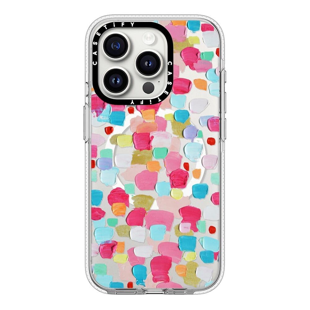 CASETiFY Funda transparente para iPhone 15 Pro (no amarillea/6.5 pies, protección contra caídas de grado militar 3X/Magsafe), confeti magenta, transparente