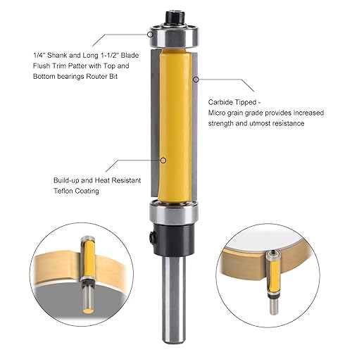 Miniatura 3 de Broca niveladora para router Gorgeri Flush Trim Straight Router Bit con rodamiento superior e inferior 1-1/2 "H 1/4" Shank Herramienta de carpintería