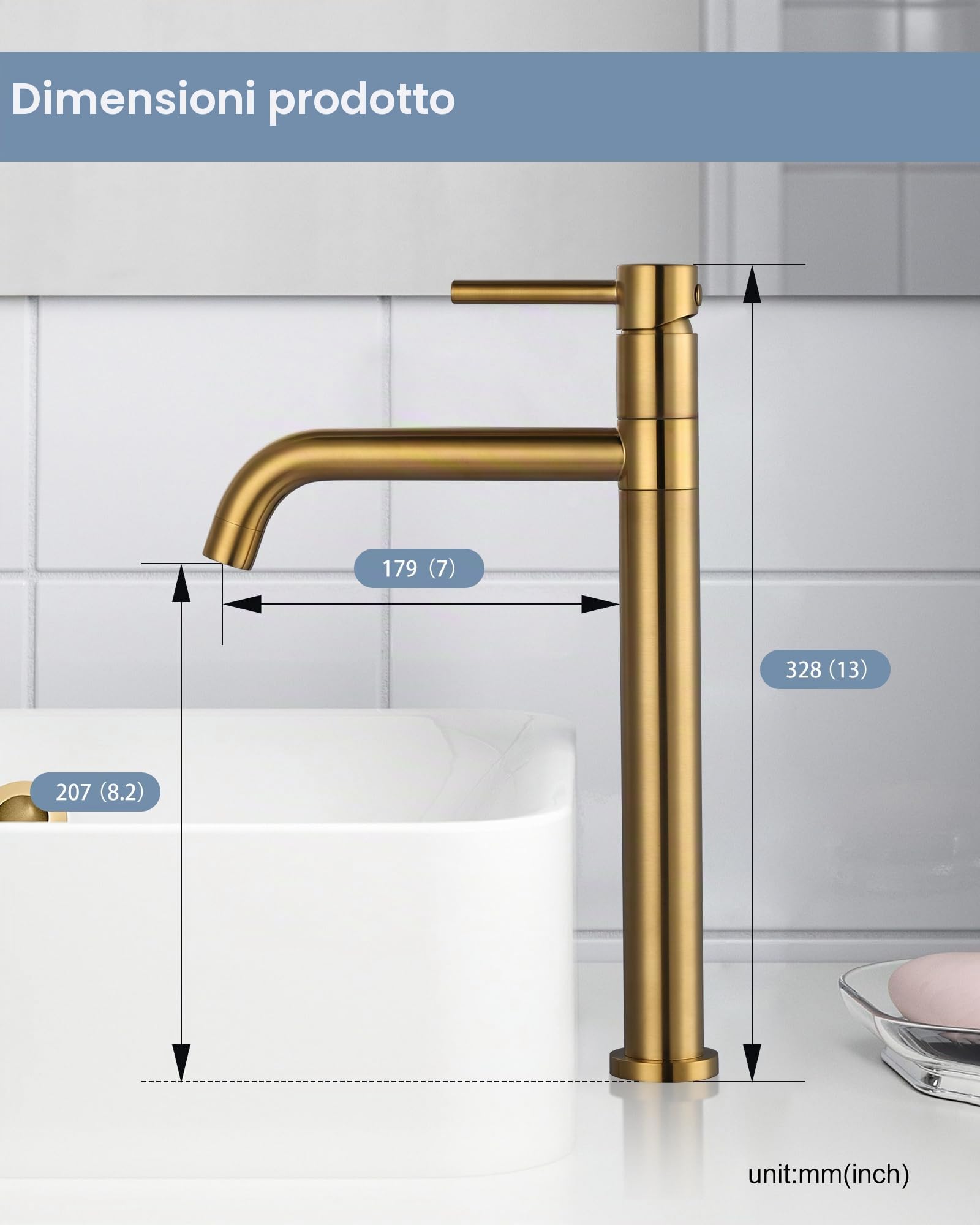 ARCORA Rubinetto Lavabo Alto, Miscelatore Monocomando Alto, Girevole 360°, Cartuccia Ceramica, Ottone Massiccio Acciaio Inox, Regolazione Fluida della Temperatura, per Lavabo da Bagno, Dorato