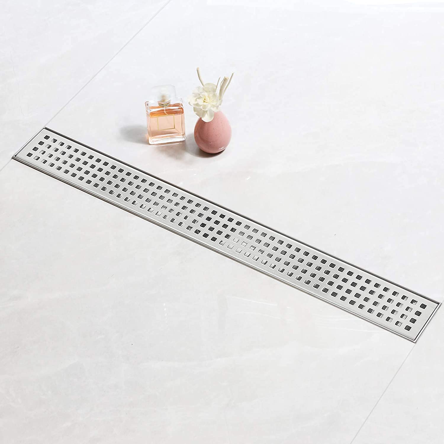 Royal Apex Stainless Steel Rectangle Side Outlet Shower Floor Drain, Offset Linear Shower Drain with Grate Cover Adjustable Leveling Foot, Hair Strainer/Catcher (90 CM, Grid Type)