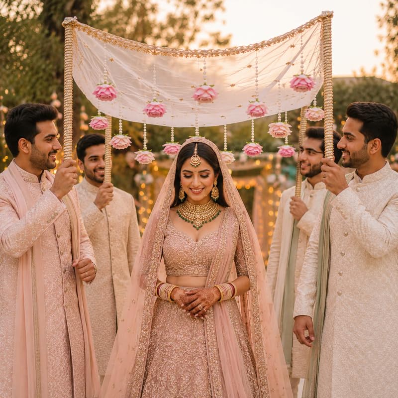 Dulhan/Bridal Entry Sequins Chaddar |Handmade Net Canopy with Pink Rose|2 Meter Bridal Entry Chunri with Golden Border Lace |Phoolon Ki Chadar for Indian Wedding, Shaadi,Marriage Decoration-image-11