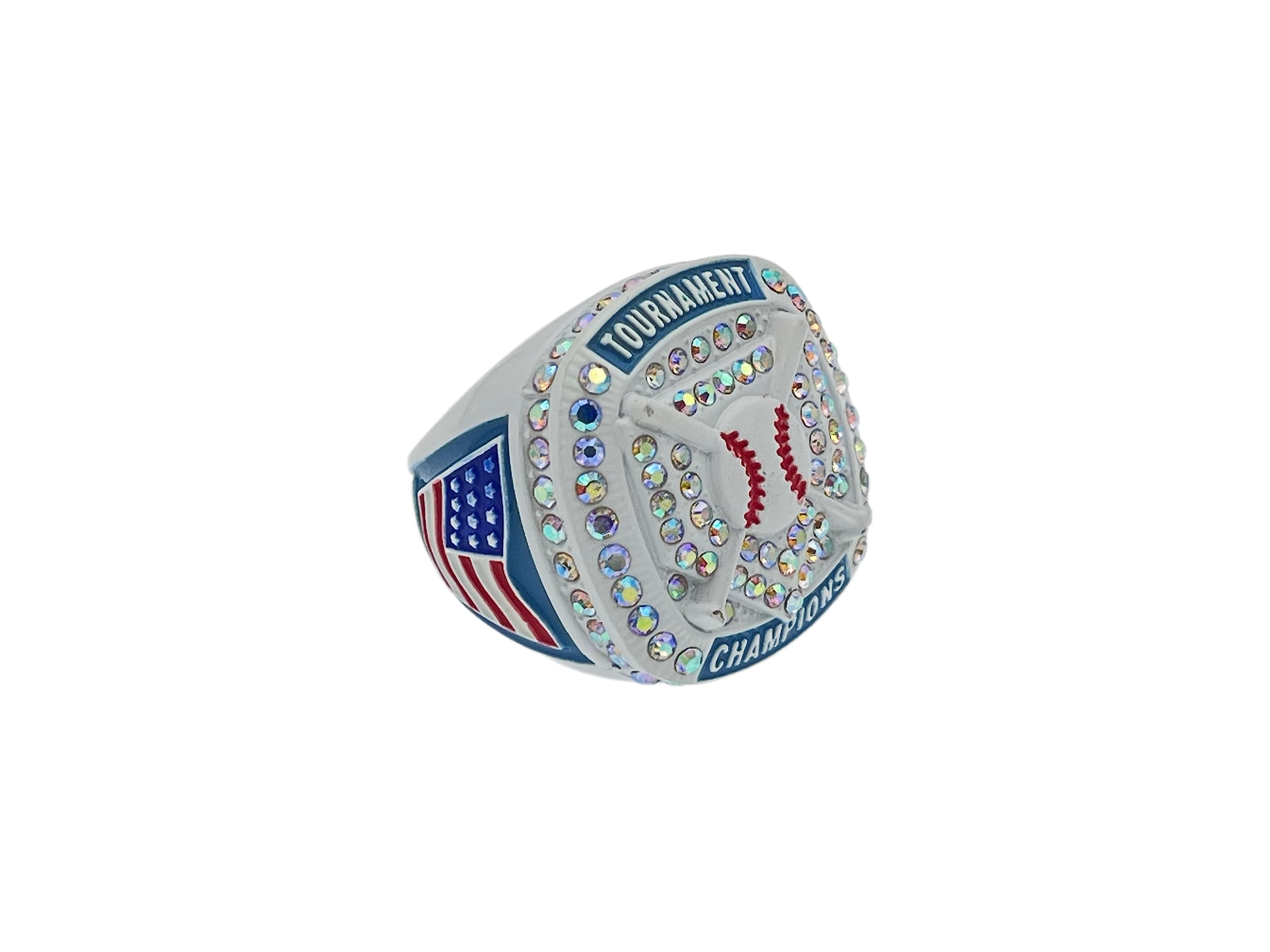 Discount Sports Rings HOME PLATE CHAMPION RING — WHITE BODY, PRISMATIC STONE LIGHT BLUE PAINT Premium Softball Baseball Ring/Player/Team Awards/Tournament Ring