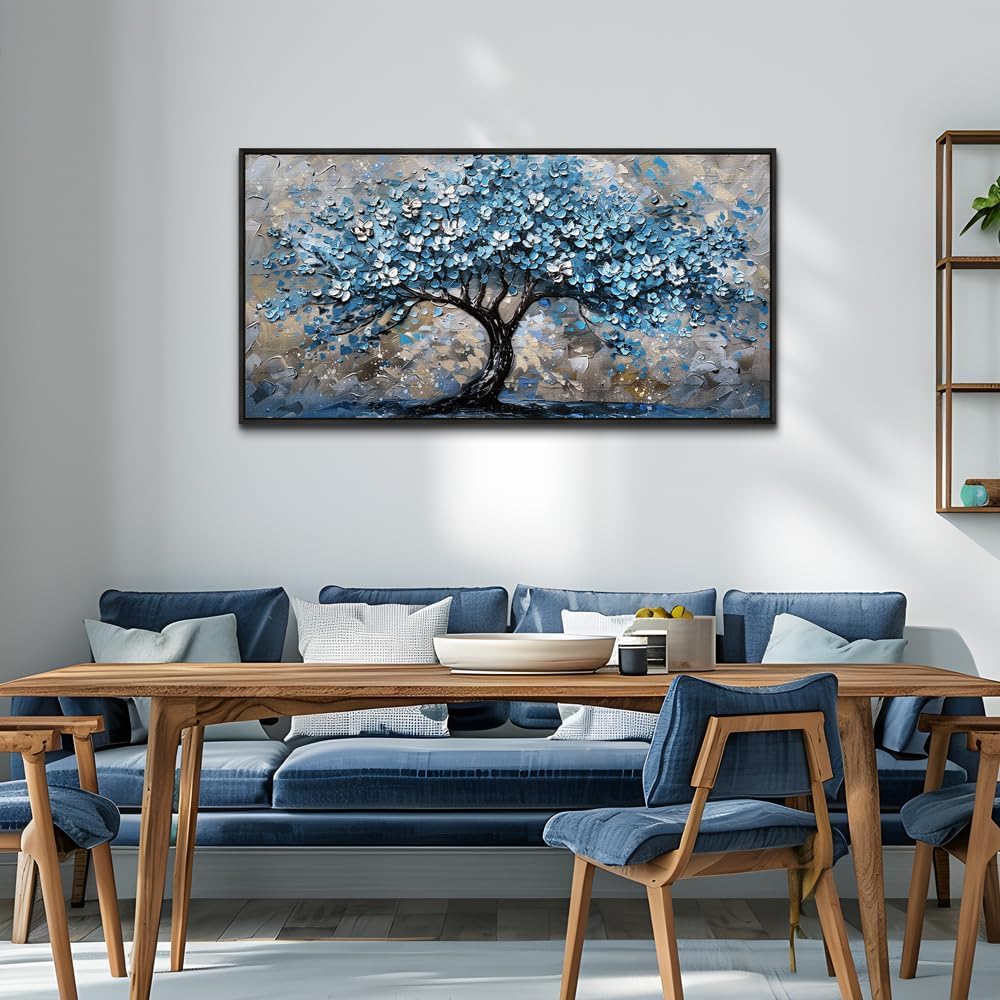 FUHAIHUA Large Black Framed Wall Decor For Living Room Canvas Wall Art For Office Modern Wall Decorations For Bedroom Blue Tree Painting Abstract Watercolor Pictures Artwork Room Home Decor 24x48 In