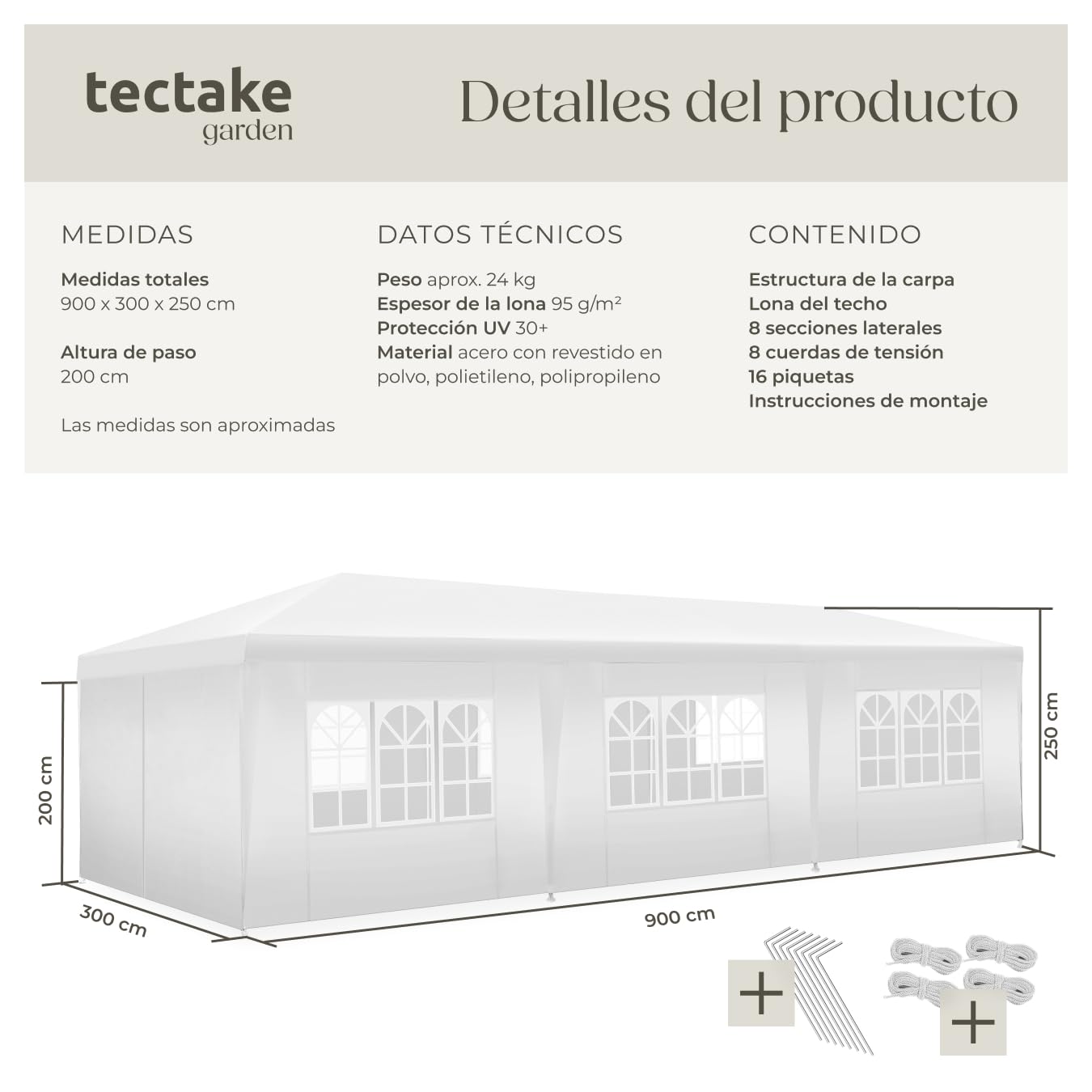tectake® Carpa Desmontable, con 8 Paneles Laterales Desmontables, Protección a la Intemperie, Cenadores para Jardin, Playa, Cuerdas Tensoras y Piquetas, Carpas para Exteriores - 9x3 m Blanco