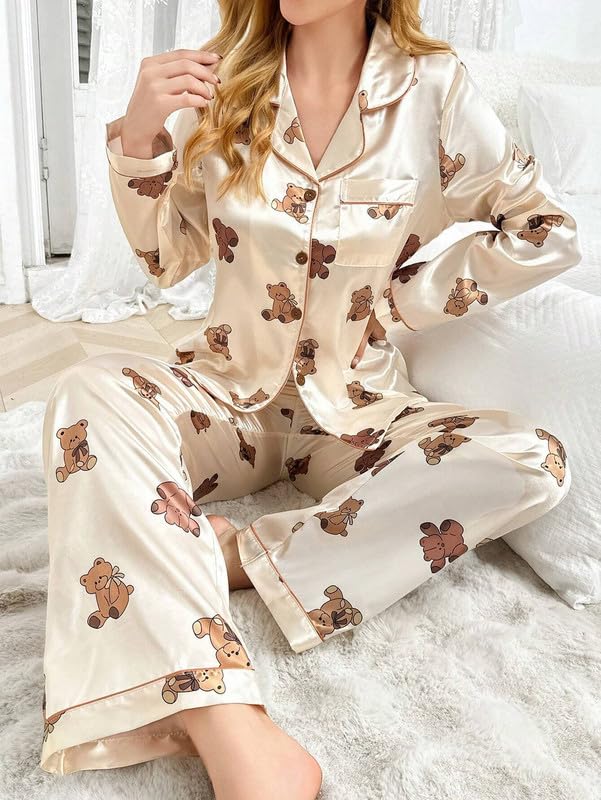 Image of Night Suit for Women with Full Sleeve Button-Down Top with Pant Dress for Woman, Night Dress for Woman, Cotton Two-Piece Loungewear Set