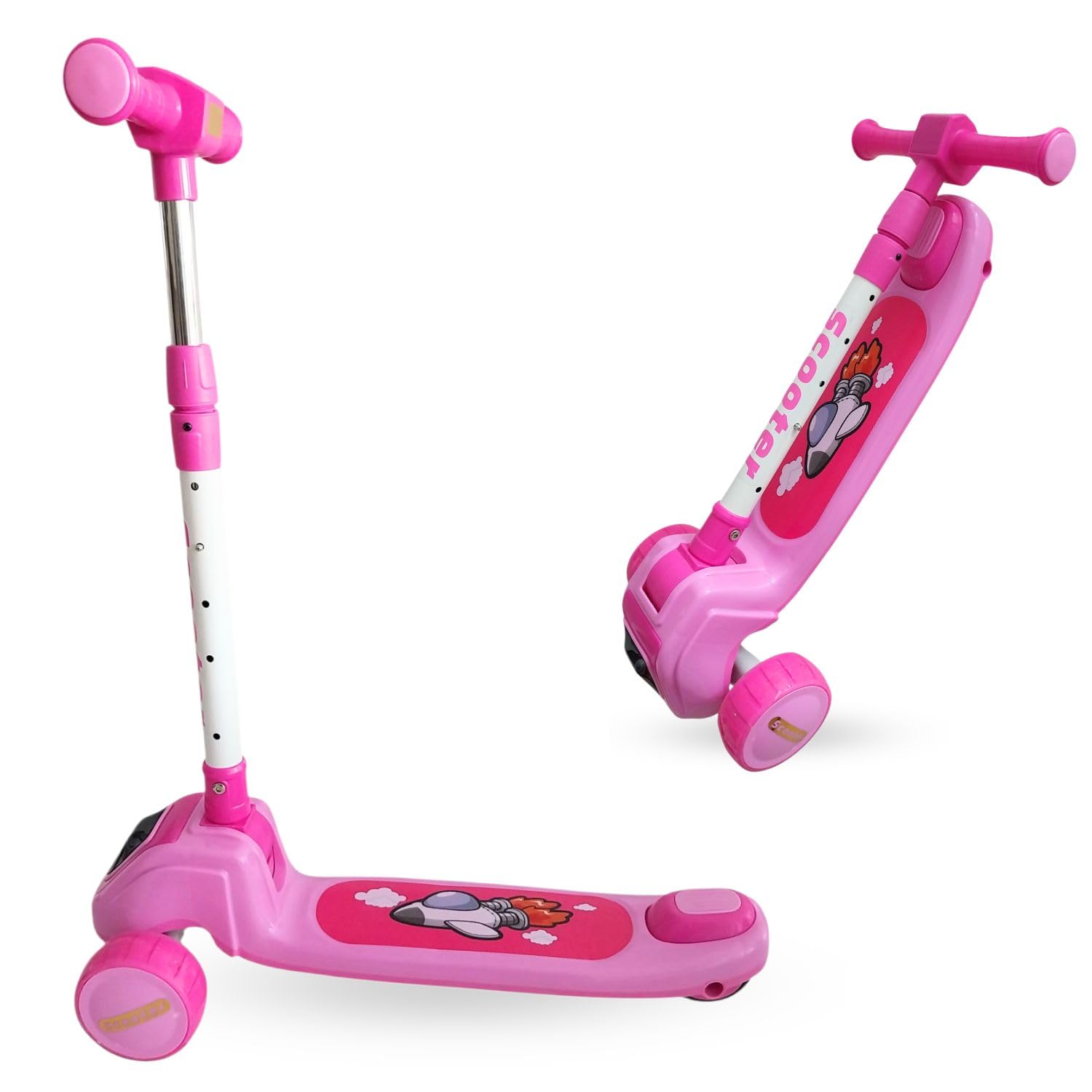 Kids 3 Wheel Scooter + Free 6 Puzzle Box Adjustable Height for Boys Girls 3-12 LED Flashing Light PU Wheels (Pink)