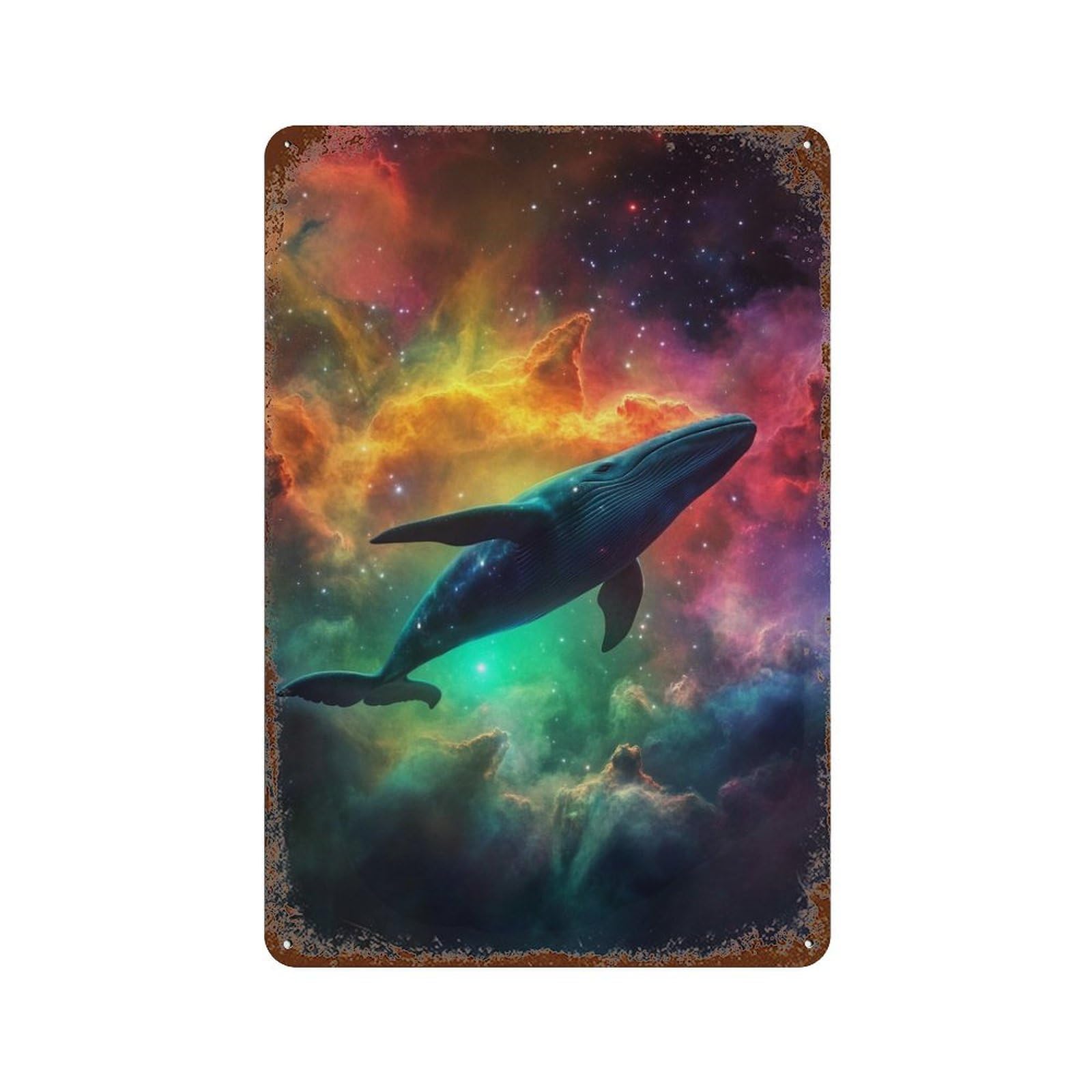 Whale in Space Nebula-1 Aged Metal Wall Plaque 11.8"x7.9", Rustic Home Decor for Garage, Pub Or Kitchen