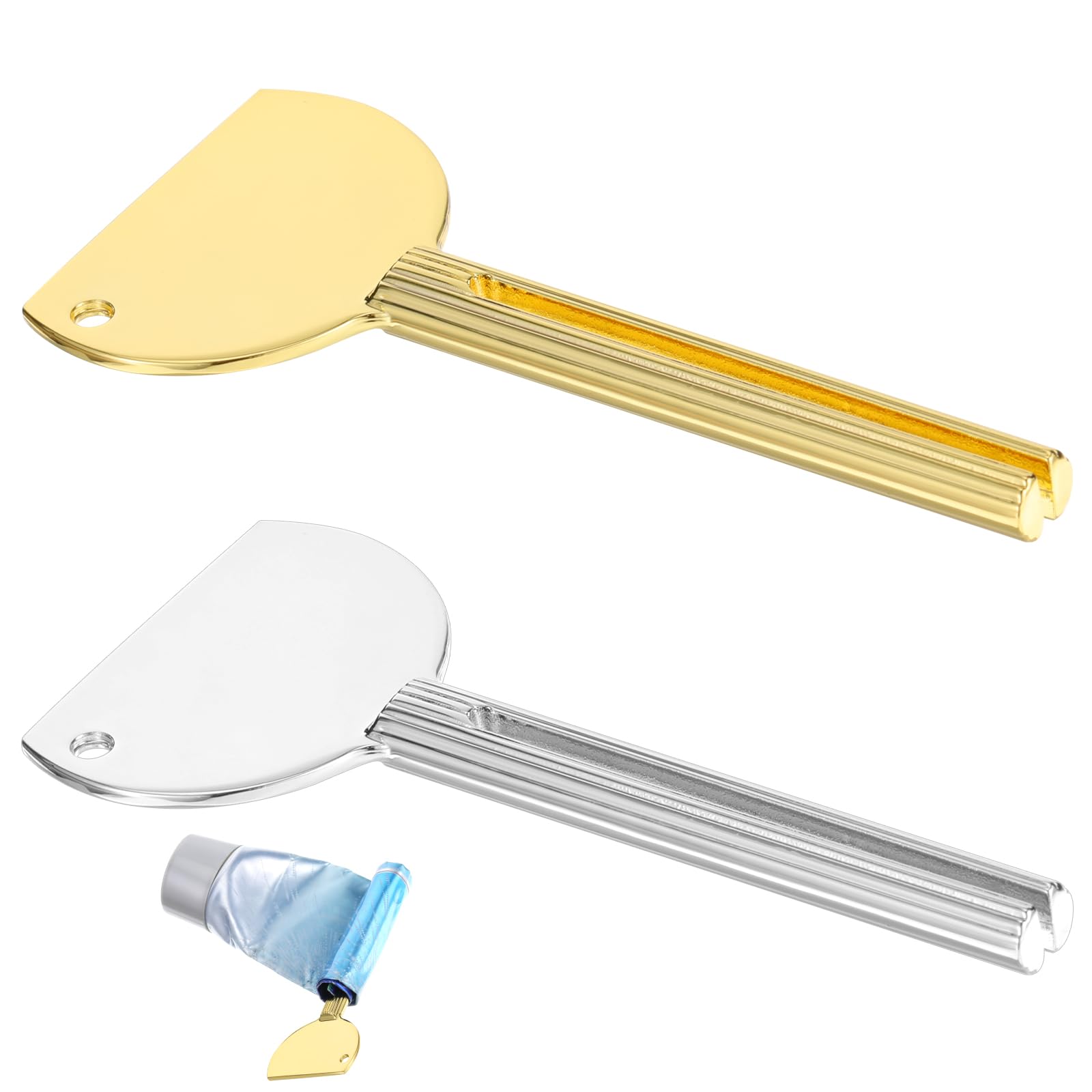 Photo 1 of 2 Pcs Stainless Steel Toothpaste Tube Squeezer Metal Tube Squeezer Key Metal Roller Dispenser Key for Toothpaste Cream Cosmetic Paint Tubes (Silver,Gold)