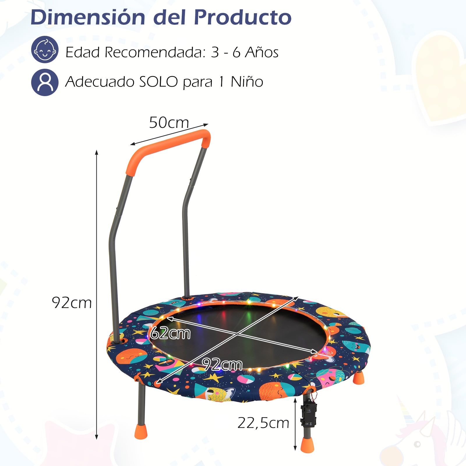 COSTWAY Trampolín para Niños de 92 cm, Mini Trampolín con Manija de Seguridad, Alfombra de Salto Redonda & Cubierta Protectora, Trampolín Infantil de 3 a 6 años para Interior