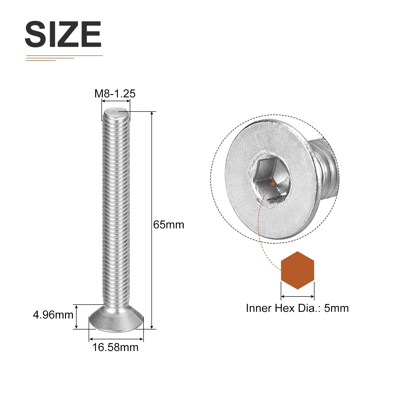 DTGN M8-1.25 x 65mm Flat Head Socket Cap Screws, 10 Pack 304 Stainless Steel Hex Socket Flat Head Screws, Full Thread - Image 2