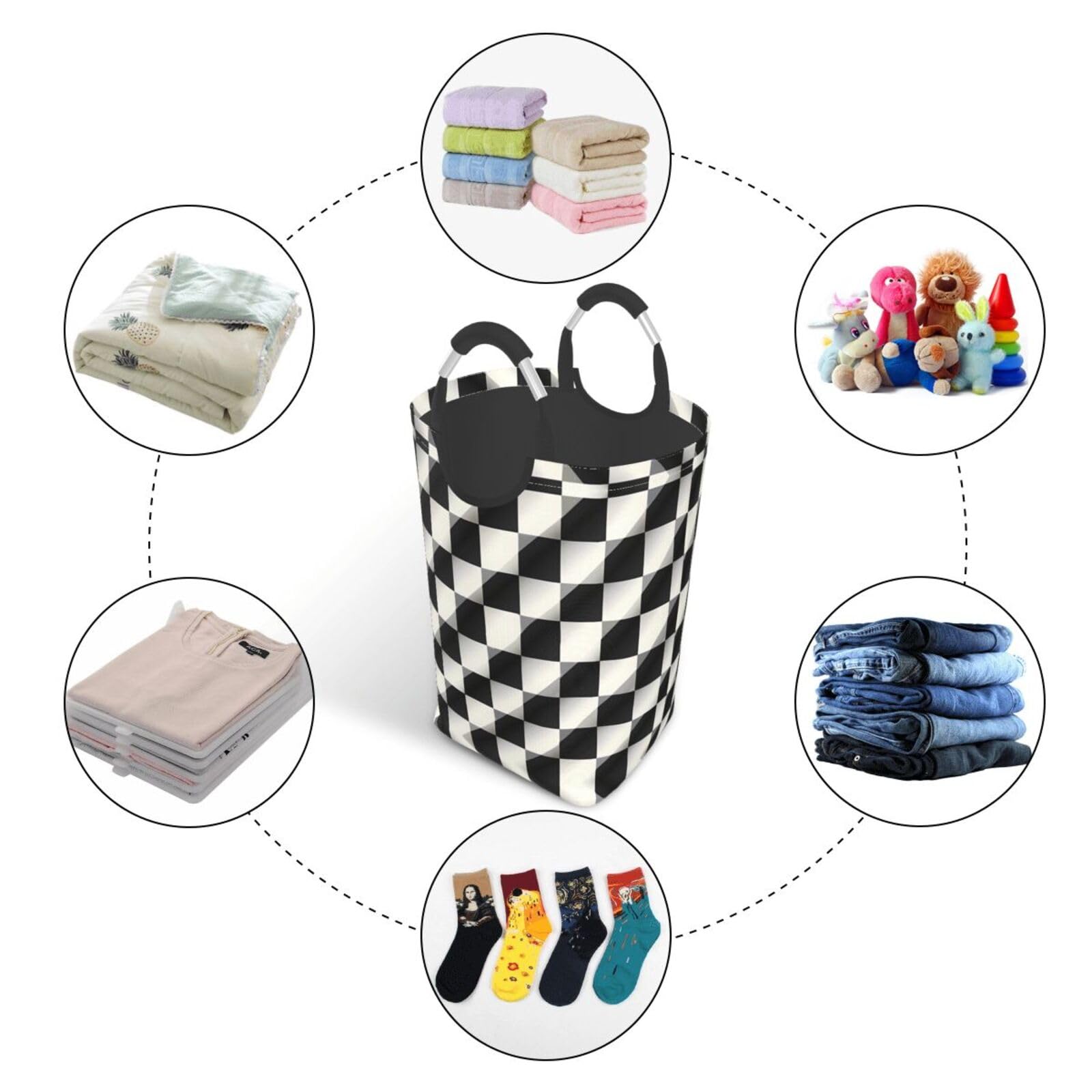 Schwarz-Weiß-Mosaik-Aufbewahrungstasche, quadratisch, 50 l, faltbarer Wäschekorb, geeignet für Waschküche, Schlafsaal, Schlafzimmer