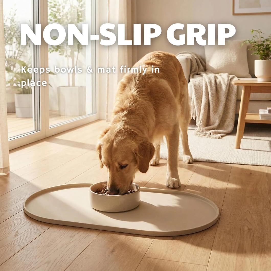 Oval Silicone Dog Food Mat - 19"x11" Aesthetic Pet Feeding Mat for 2 Bowls, BPA-Free Food Grade Silicone Mat with Raised Edges to Contain Spills, Waterproof & Non-Slip Dog Mat for Floors, Beige
