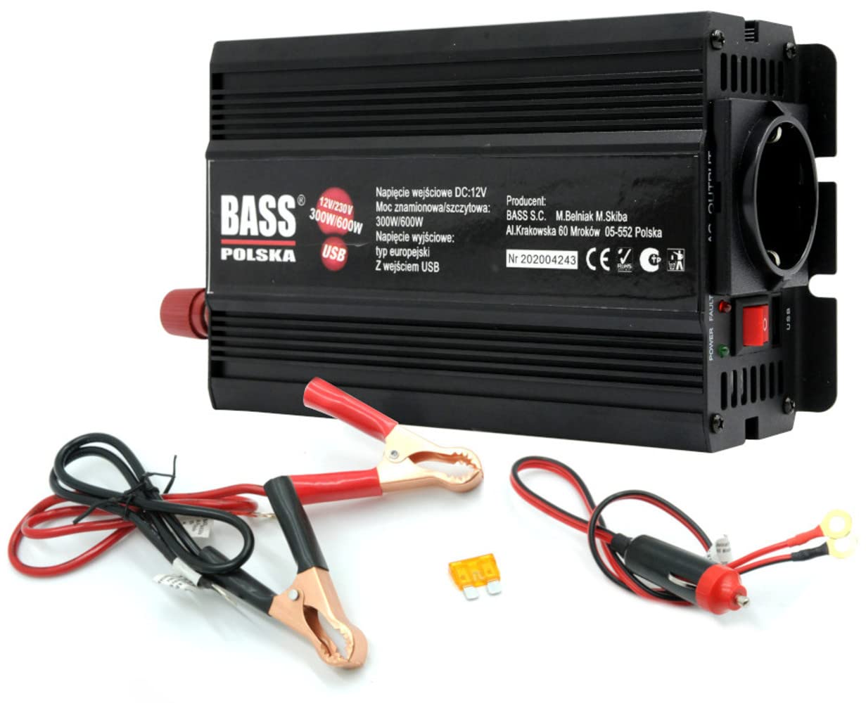 BASS POLSKA Przetwornica Napięcia do Elektronarzędzi Pieców CO Maszyn do Szycia Wentylatorów Komputerów Zamrażarek 12V 230 V 50 Hz z Pełnym Sinusem Moc Szczytowa 600W