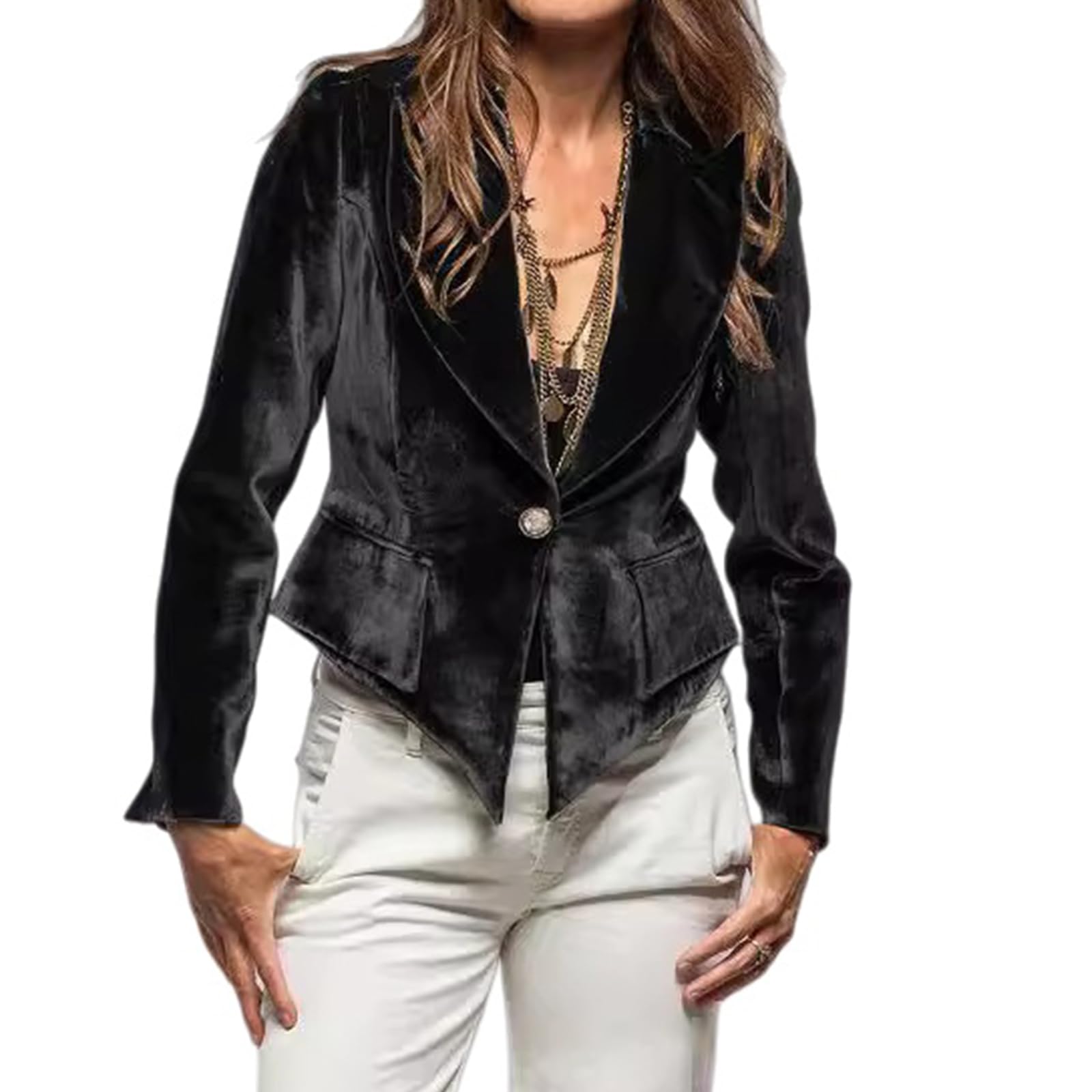 Womens Casual Velvet Blazer Notched Lapel Button Front Jacket Lightweight Trendy Business Work Office Blazers Jacket