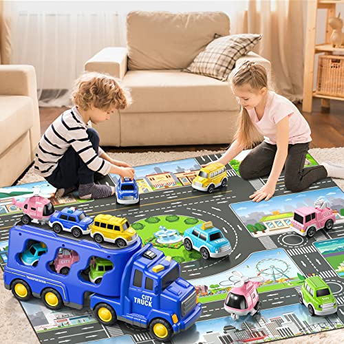 Temi Truck Toys Car For 3 4 5 6 Year Old Toddlers Boys, 7-In-1 Carrier Truck City Car Toys Set W/Play Mat, Car Toys Set For Kids 3-9, Toddler Boy Toys Christmas Birthday Gift #TOP5