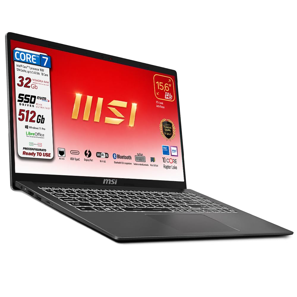 msi Notebook Modern 15 Intel Core 7 150u 10 Core fino a 5400MHz, RAM 32Gb, SSD 512 Gb, Display 15.6" IPS FHD, Display port, Rj45, Wi-Fi, Bt, Tastiera retroilluminata, Ready to Use.