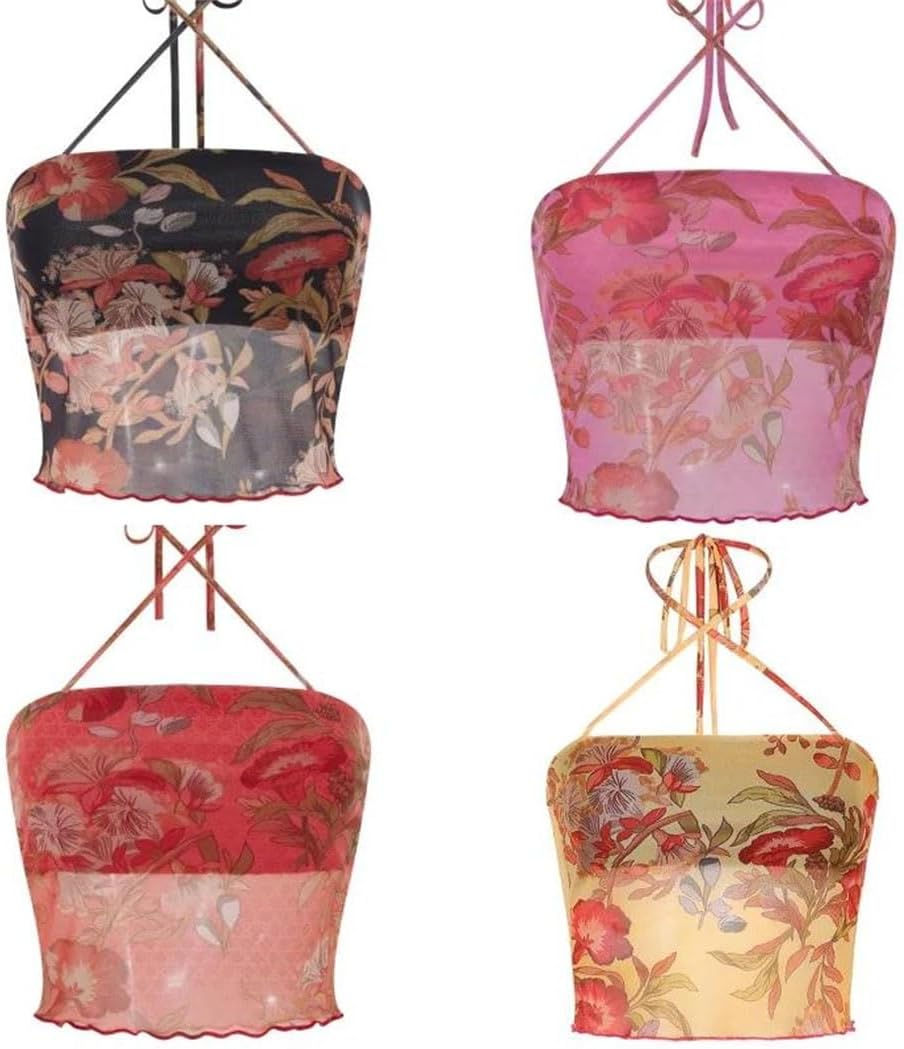 Women Summer Beach Tube Tops Sleeveless Floral Print Backless Aesthetic Slim Crop Tank