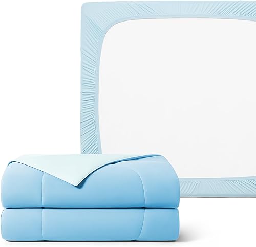 REST Compre 2 OBTENGA 25% de descuento: Evercool Comforter Plus Paquete de sábana bajera con un 25% de descuento, en azul claro, tamaño Queen