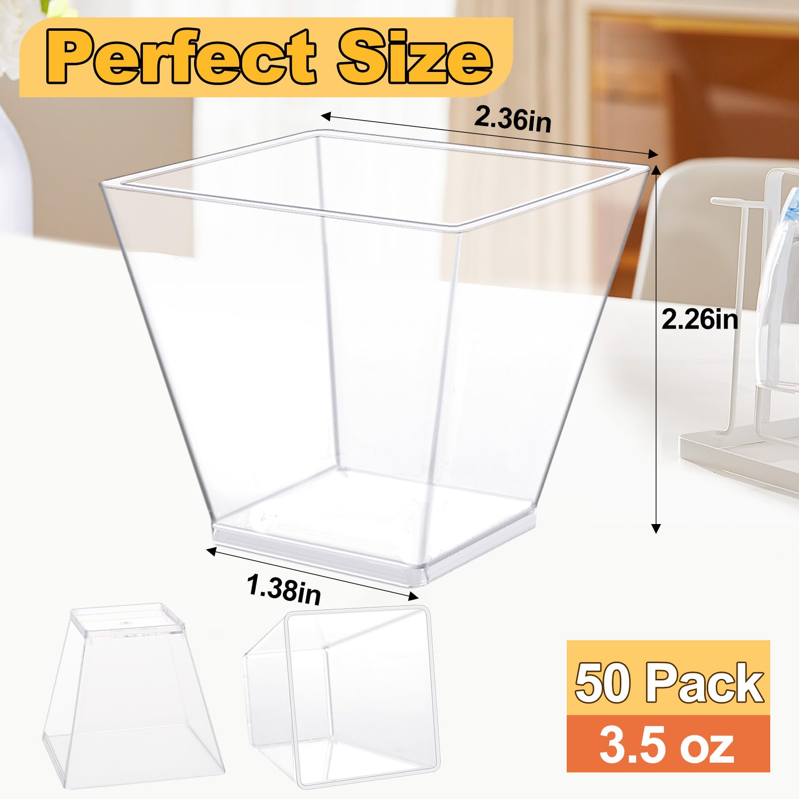 Plzrme 50 Pack Clear Square Plastic Dessert Cups, 3.5 Oz, Reusable, Modern Design, Small Parfait Cups for Desserts, Appetizers, Pudding, Yogurt, Snacks, Ice Cream