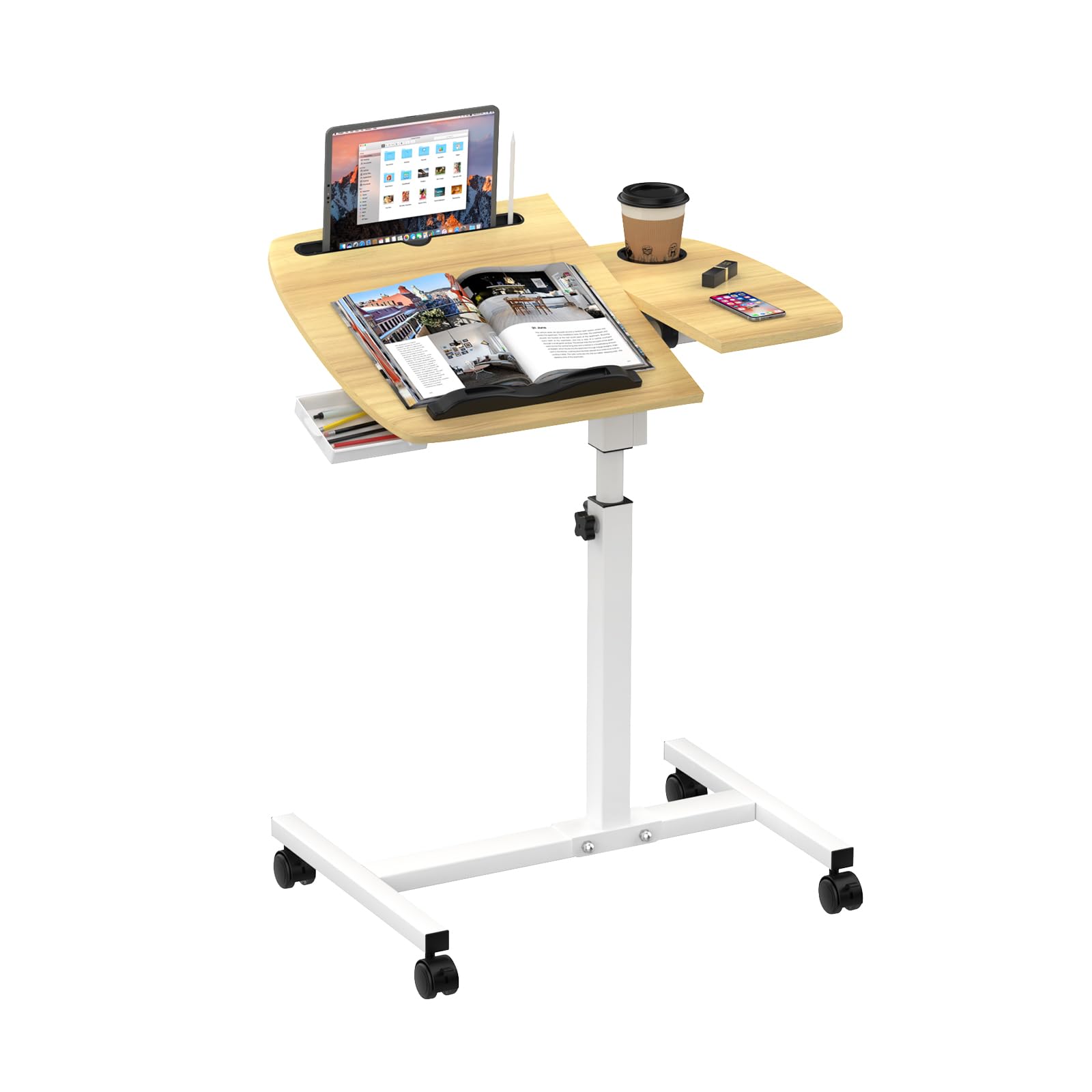 Table de Lit Roulette, 60 x 40 cm, Tablette Médicale Réglable, Table d'Appoint de Lit à Tiroir, Support Souris Séparé, 360° Bureau D'ordinateur Levage Rotatif 60x40x59-89cm