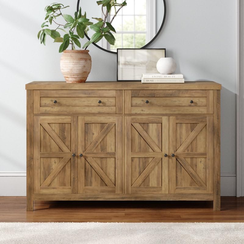 Decorlevel 55" Buffet Sideboard Cabinet with Storage, Modern Farmhouse Coffee Bar Cabinet with Drawers and Shelves, Barn Doors Storage Cabinet for Kitchen, Dining Room, Living Room (Brown)-image-20