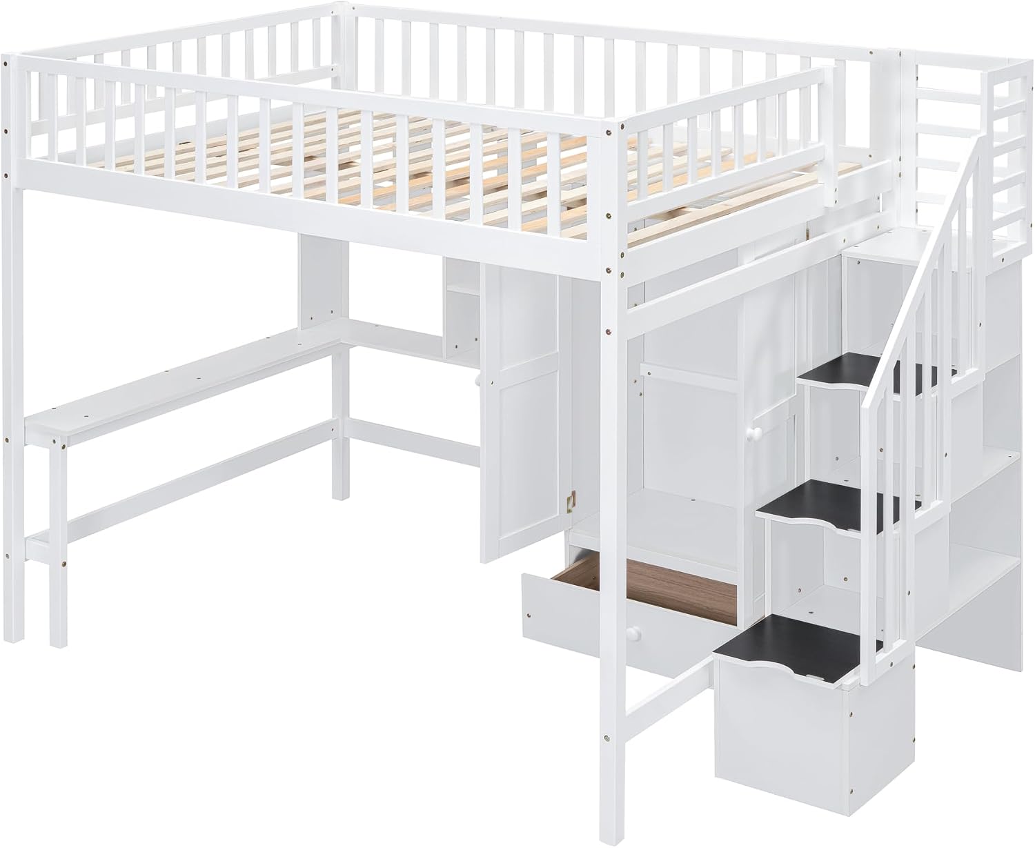 Close-up view of the staircase with integrated storage compartments of the BIADNBZ Full Size Loft Bed.