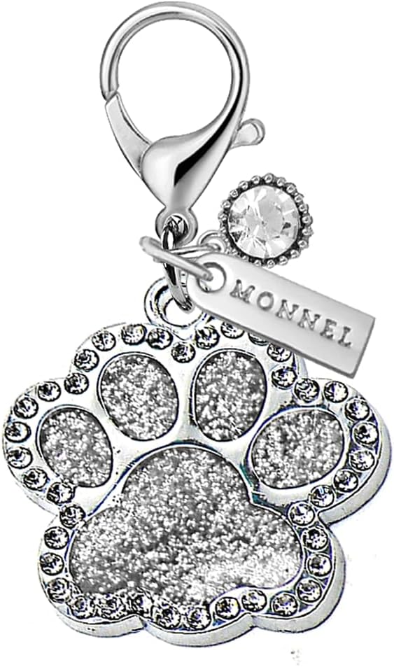 MC704 Little Crystal Cat Paw with Glitter Lobster Clasp 3D Charm for Women with Velvet Bag (White,1 Piece)