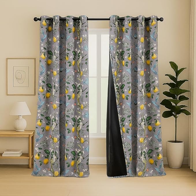 Image of BFAM Floral Print 100% Blackout Curtain with Black Linning at Back,Grey Bird Print Curtains for Living Room /Bedroom Thermal Insulated Energey Saving 7 Feet Pack of 1 Curtain