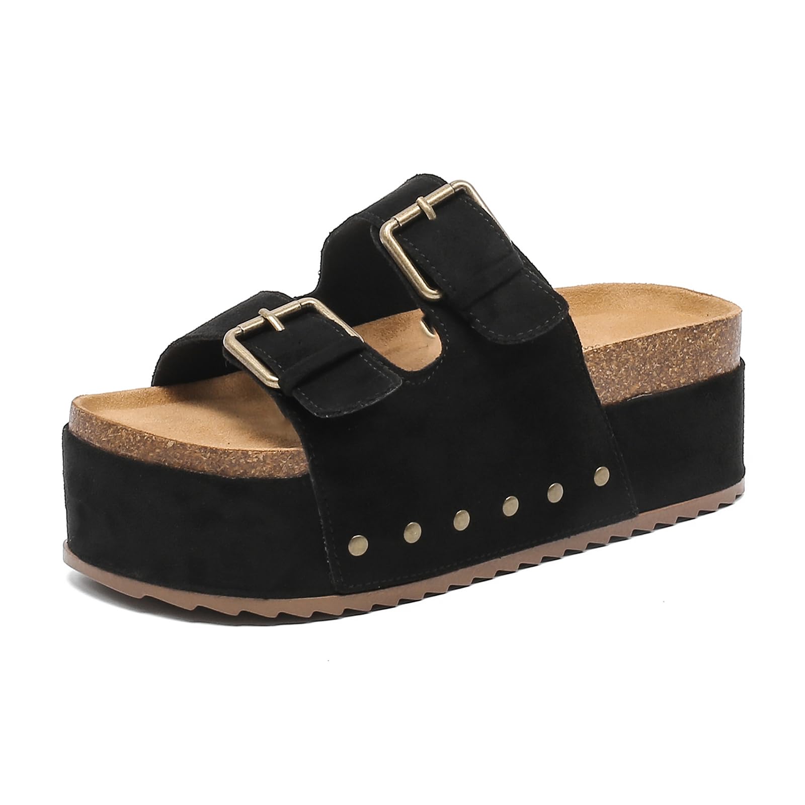 Women's Slides Sandals with Arch Support Cork, Comfort Platform Sandals for Casual Summer Non-Slip Open Toe Adjustable Buckle Footbed Durable Outdoor Sandal