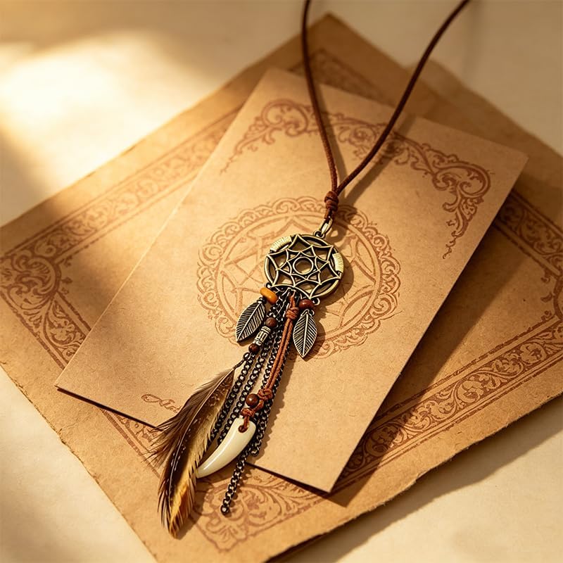 WCRAZYE Dream Catcher Feather Necklace for Women Vintage Brown Boho Tassel Feathers Necklace Bohemian Jewelry Vintage Statement Jewelry Gift