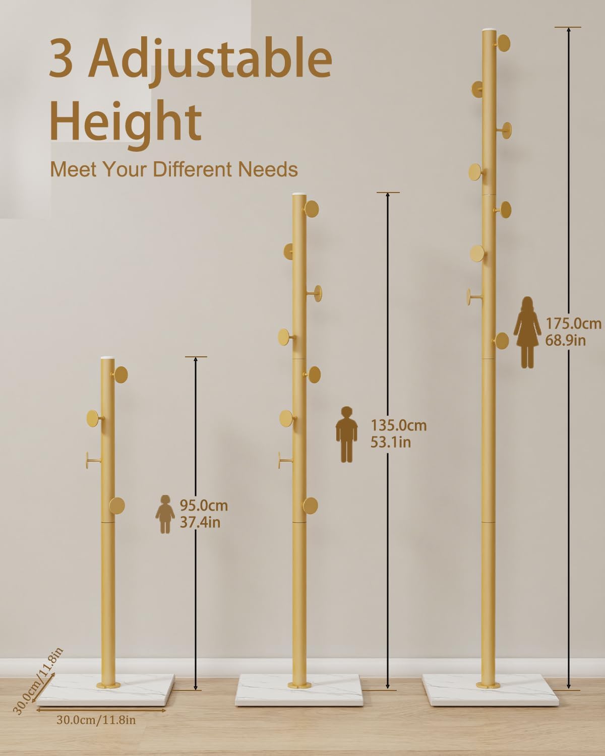 Coat Tree Freestanding, Modern Sturdy Clothes Hanger with Rock Slab Base, Heavy-duty Metal Hat Rack for Boutiques, Hallway, Entryway, 11.8 x 11.8 x 68.9 In, Gold, GYJ002WJ