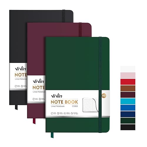 ViVin Lined Journal Notebooks, 3 Pack, (Black, Burgundy, Dark Green), 192 Pages, Medium 5.5 x 8.3 inch, College Ruled, A5 Hardcover Notebooks, Journaling Notebooks for Work, Writing, School - Black+burgundy+dark Green - 3 Pack