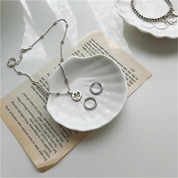 Trinket dish Ceramic White Shell Plate Jewelry Storage Trays Shaped Dinner Household Breakfast Tableware Photo Props for Decor(M diameter 9.4cm)