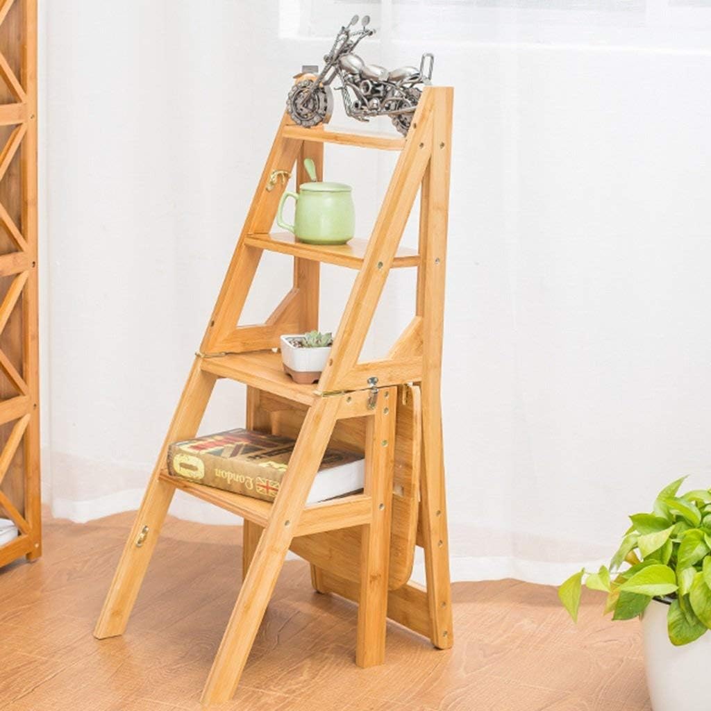 Bamboo Household Multifunction Step Ladder Solid Wood Stool Child Folding Chair Dual-use Four-Step Ladder Climb High Ladder (Color : Wood)