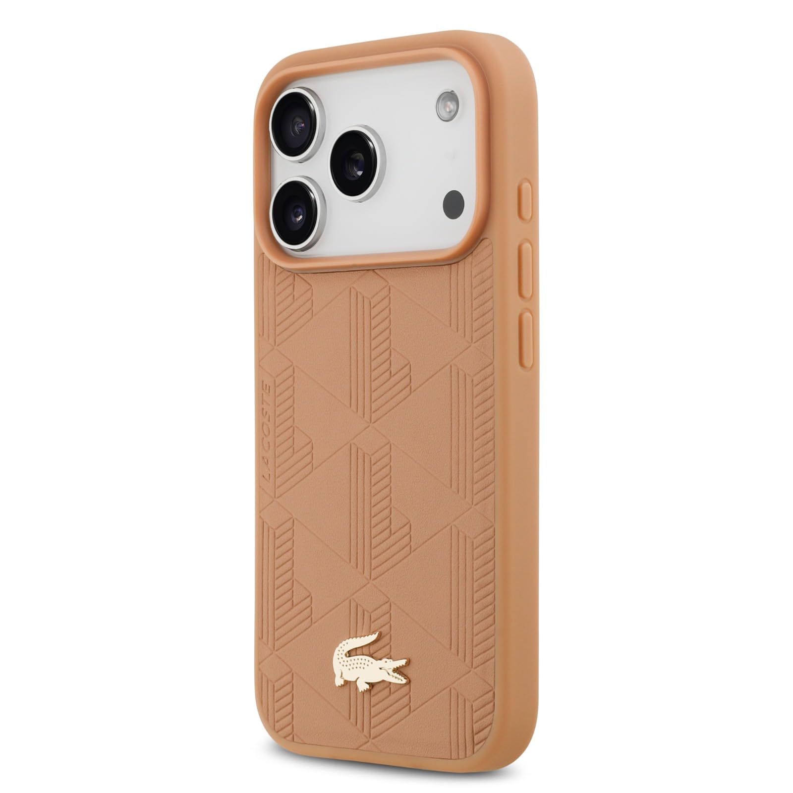 Etui na iPhone'a 17 Pro Max, Lacoste kompatybilne z MagSafe, skóra PU, monogram, złote logo, stylowe, odporne na wstrząsy, różowe