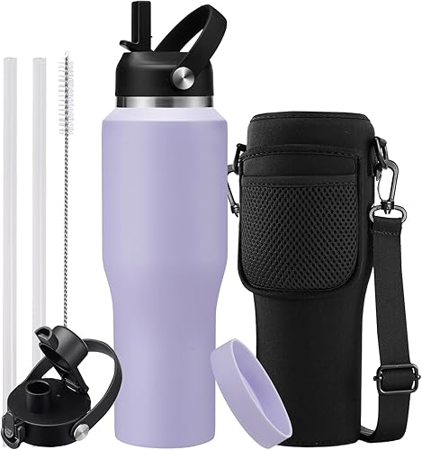 Miniatura 33 de Botella de agua de 32/40 onzas con estuche de transporte, botella aislada de acero inoxidable con tapa y pajita, taza térmica al vacío de doble
