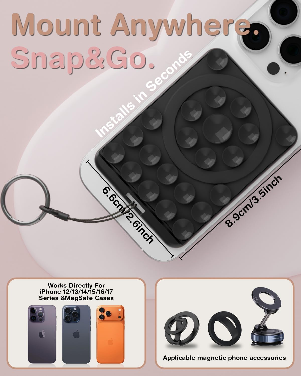 Sembo Magnetic Suction Phone Mount for MagSafe Case, Silicone Octo Cup Buddy Sticky Grip Holder for iPhone, Removable Hands-Free Selfie/Video for TikTok Influencers, Women Gift (Metal Black)