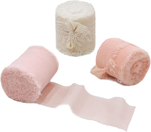 3 Rolls Chiffon Ribbons 1.5" x 7Yd Handmade Fringe Ribbon Gift Ribbon Frayed Edge Riband for DIY Crafts Wreaths Bows Making Gift Wrapping Valentine Decorations Total 21Yd